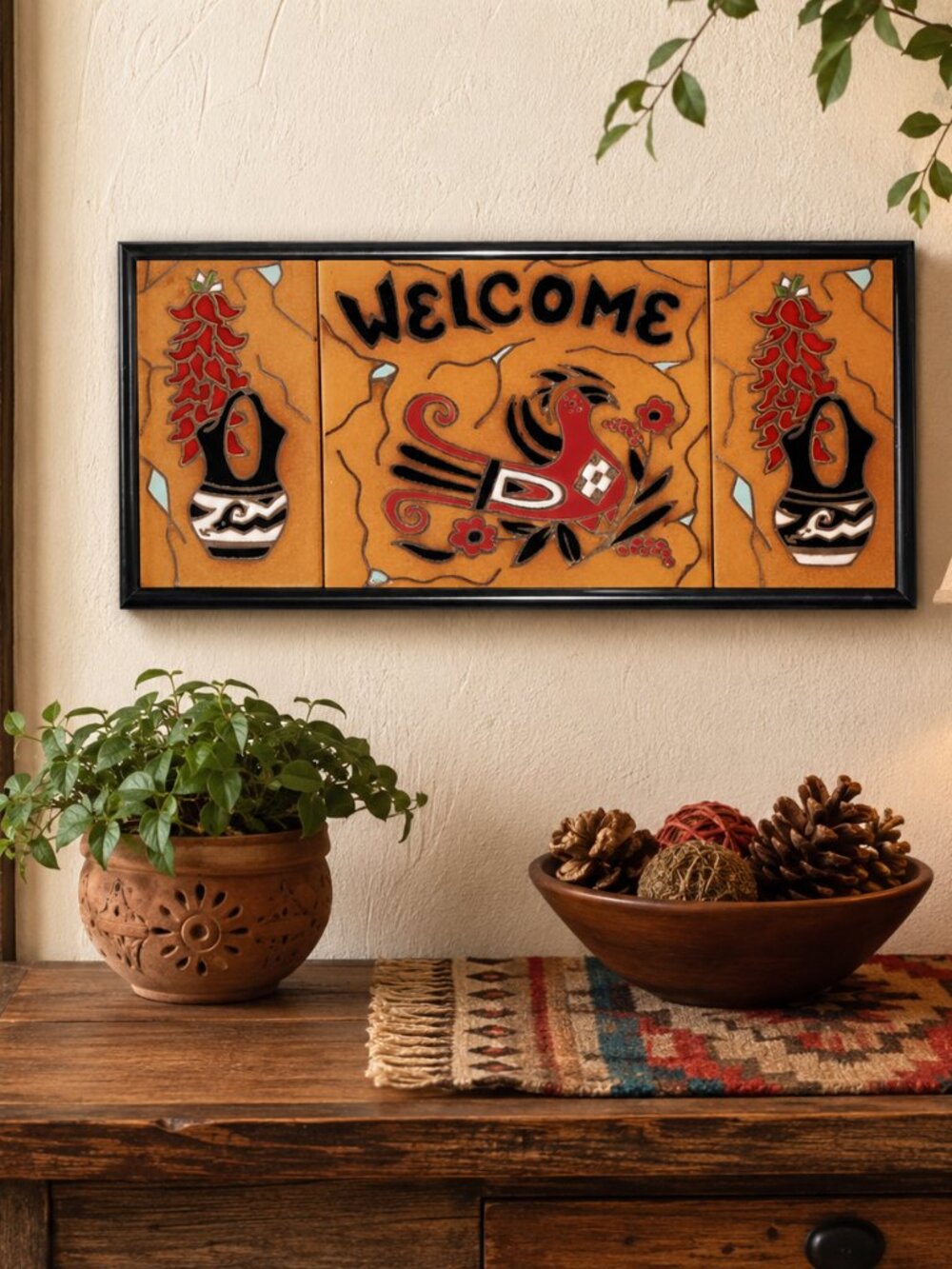 Southwest-Inspired Italian Ceramic "WELCOME" Tile Wall Art